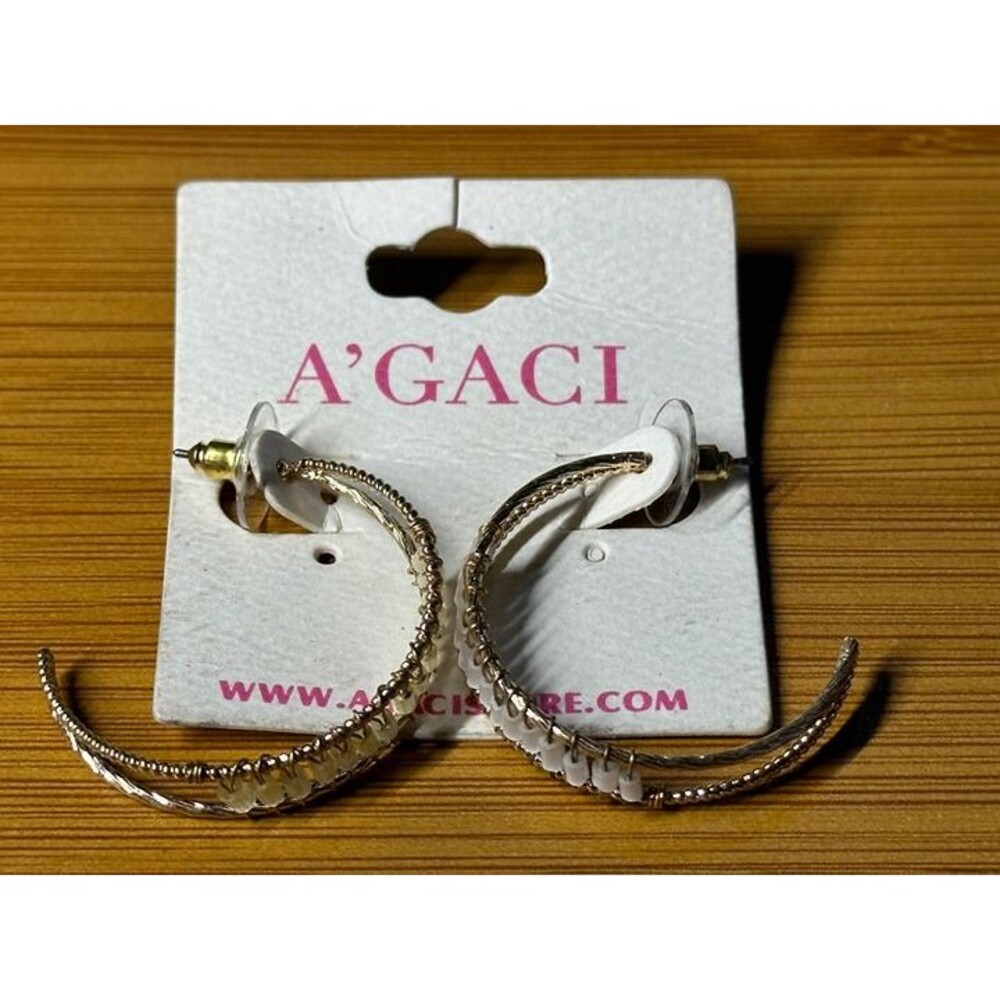 Gold Wire Hoop Earrings Beaded White Bead Wrap NWT New Jewelry Gift Idea Style